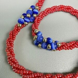 Vintage Moon Glow Necklace Blue and Red Bead Twisted Multi-Strand 22" Torsade